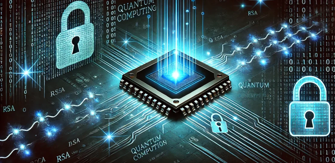 DALL·E 2025-03-14 23.45.37 – A futuristic digital banner depicting the impact of quantum computing on cybersecurity. The background is a dark blue and black gradient with glowing